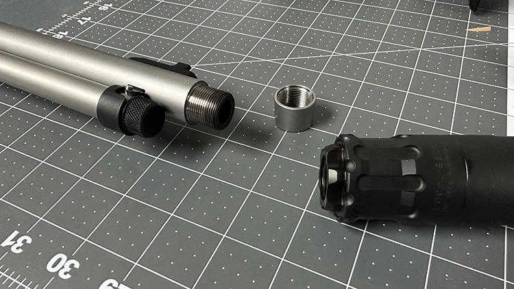 Threaded muzzle with the cap taken off and a silencer end of the S&W 1854 Rifle